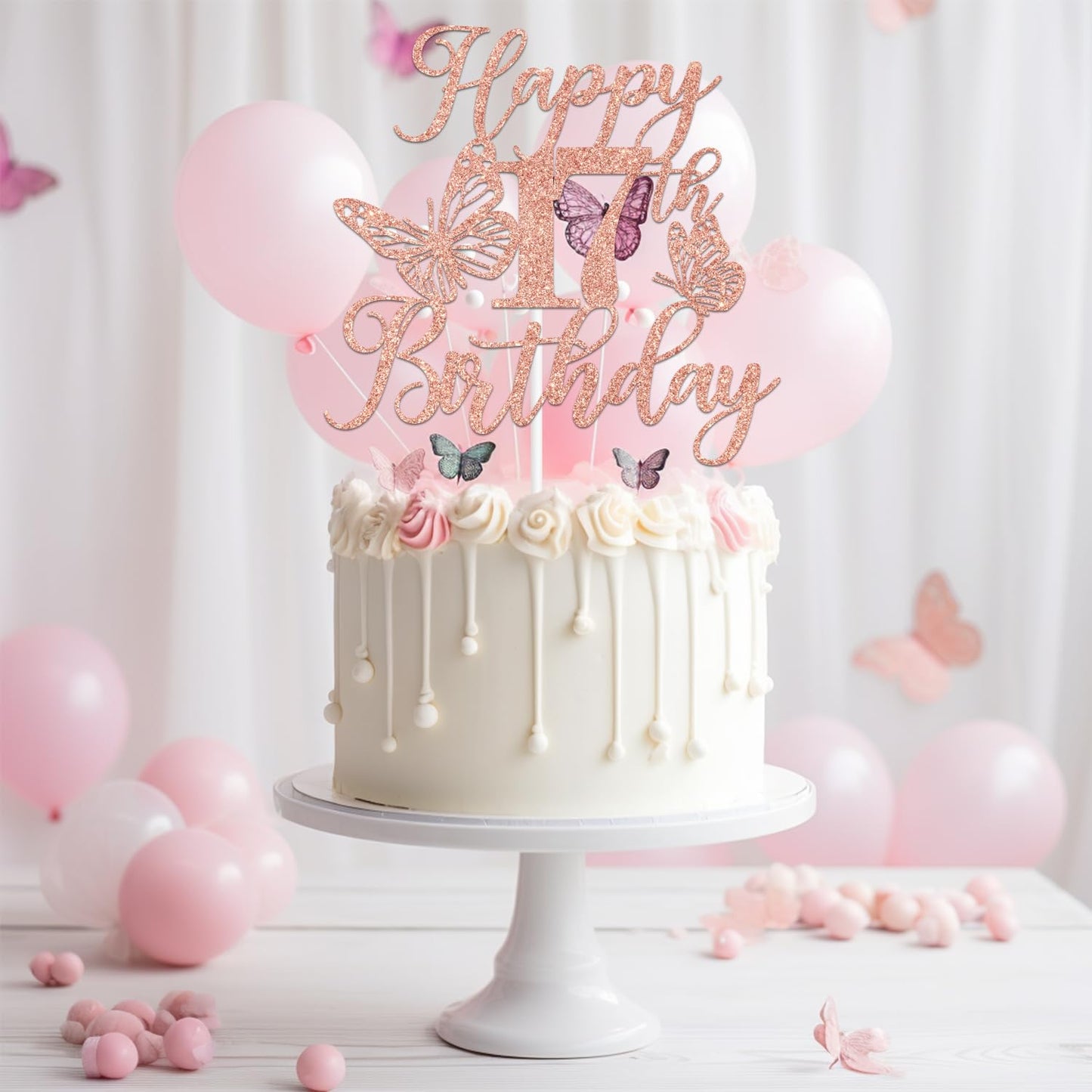 We Can Bearly Wait Rose Gold Glitter Cake Topper, Happy 17th Birthday, Butterfly Theme, Paper Decoration for Girls
