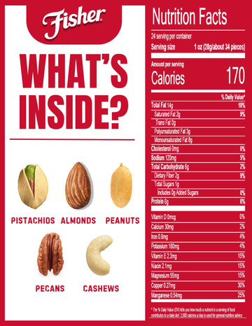 Fisher Mixed Nuts, Oven Roasted, Non-GMO, 24 Ounces, Peanuts, Almonds, Cashews, Pistachios, Pecans, Sea Salt
