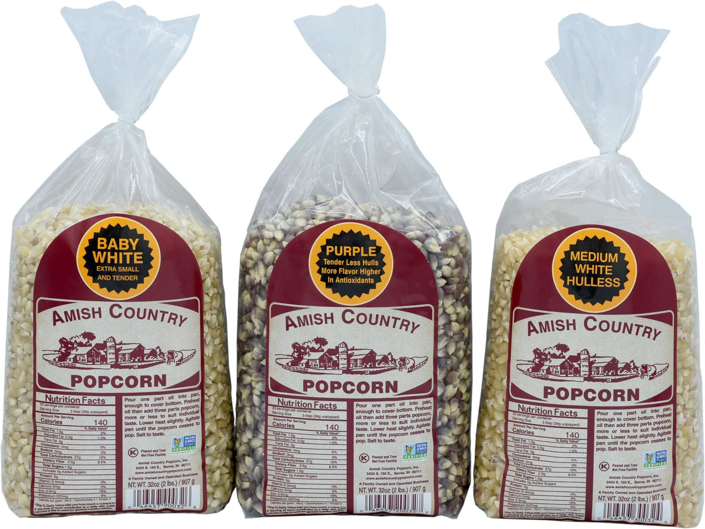Amish Country Popcorn | Variety Bundles | 3-2 Lb Bags | Medium White - Baby White - Purple Popcorn Kernels | Old Fashioned, Non-