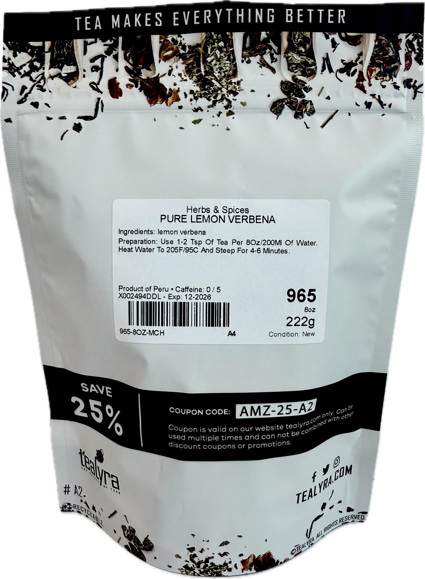 Tealyra - Pure Lemon Verbena - Herbal Loose Leaf Tea - Hot Or Iced - Relaxation - Calming - Digestive - Caffeine Free - All Natural - 112G (4-Ounce)