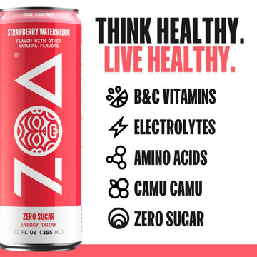 ZOA Zero Sugar Energy Drink - Strawberry Watermelon, 160mg Natural Caffeine, 12 Ounce (Pack of 12)