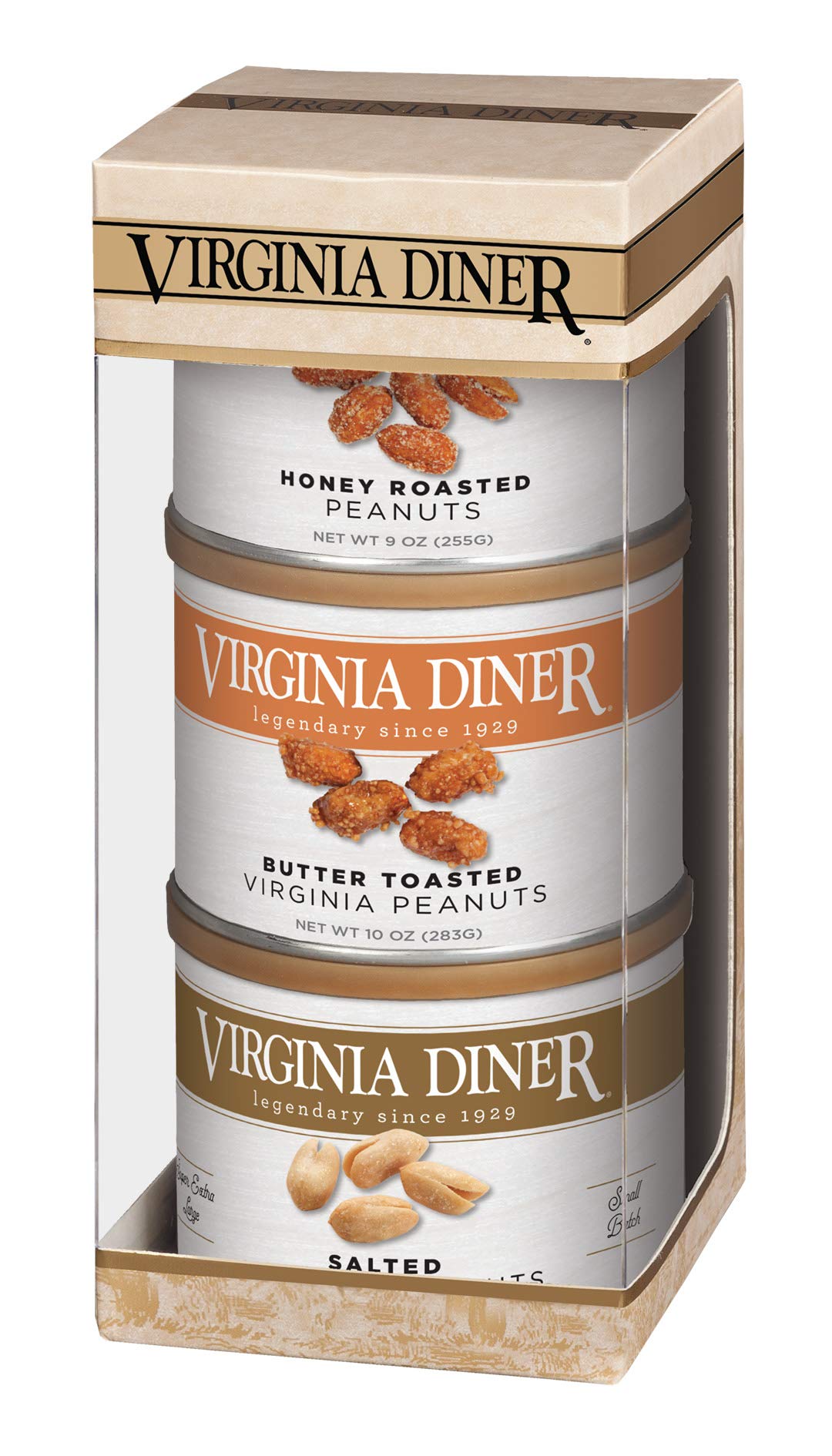 Virginia Diner Tower of Traditions Gift Set - Virginia Peanuts Gift Set Non-GMO, Preservative Free from Virginia Since 1929 - Salted, Honey Roasted & Butter Toasted Peanuts - 9 Oz Cans