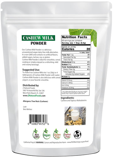 Z Natural Foods Unsweetened Cashew Milk Powder - Plant/Nut Milk For Healthy Heart, Bones, Skin - Substitute for Cashew Butter -