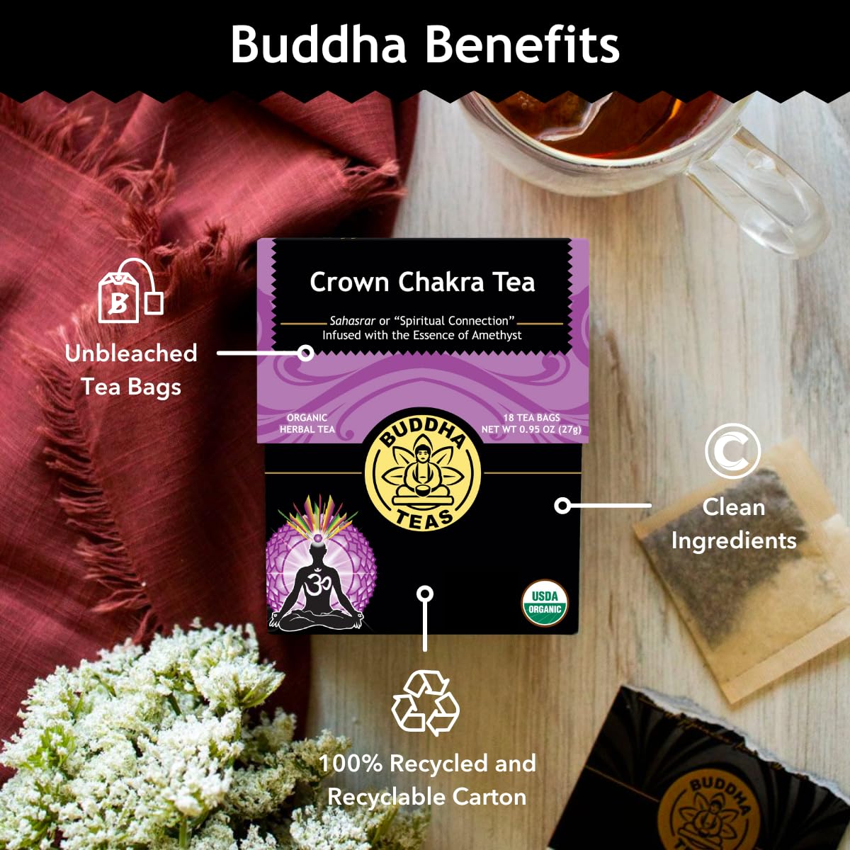 Buddha Teas - Crown Chakra Tea - Organic Herbal Tea - For Spiritual Connection - With Lavender, Gotu Kola Leaf, Rose Petal & Ame