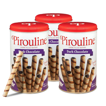 Pirouline Rolled Wafers - Bundled With Pirouline Gift Box - Dark Chocolate Rolled Wafer Sticks, Crème Filled Wafers, Rolled Cookies For Coffee, Ice Cream, Parties, Gifts, And More - 14.1Oz Tin 3 Pack