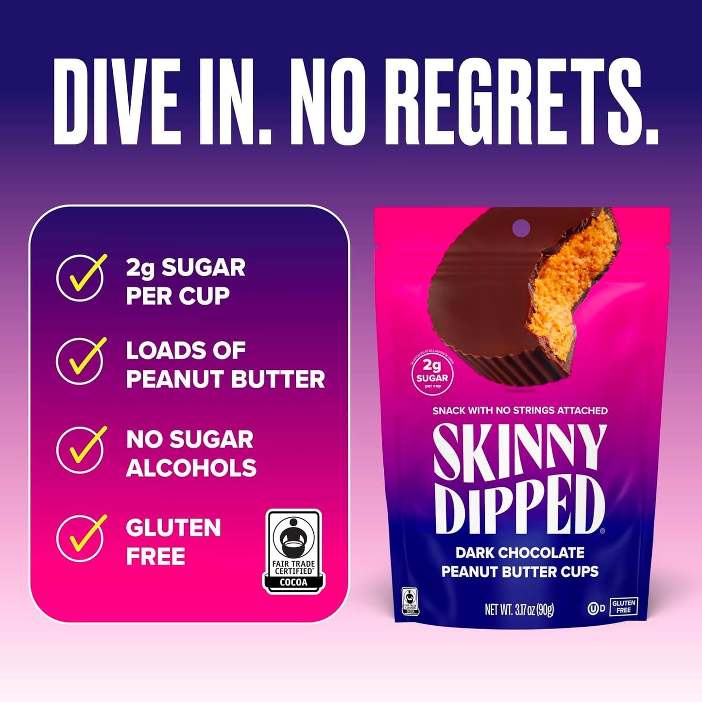 SkinnyDipped Dark Chocolate Peanut Butter Cups, 2g Sugar per Cup, Keto Friendly, No Stevia, Gluten Free, 3.2oz, 1 Pack (6 Cups T