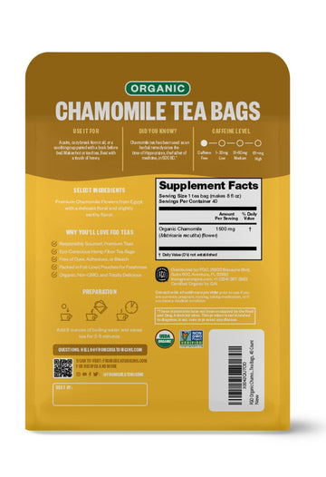 Fgo Organic Chamomile Tea, 40 Count, Eco-Conscious Tea Bags, Resealable Bag (Pack Of 1)
