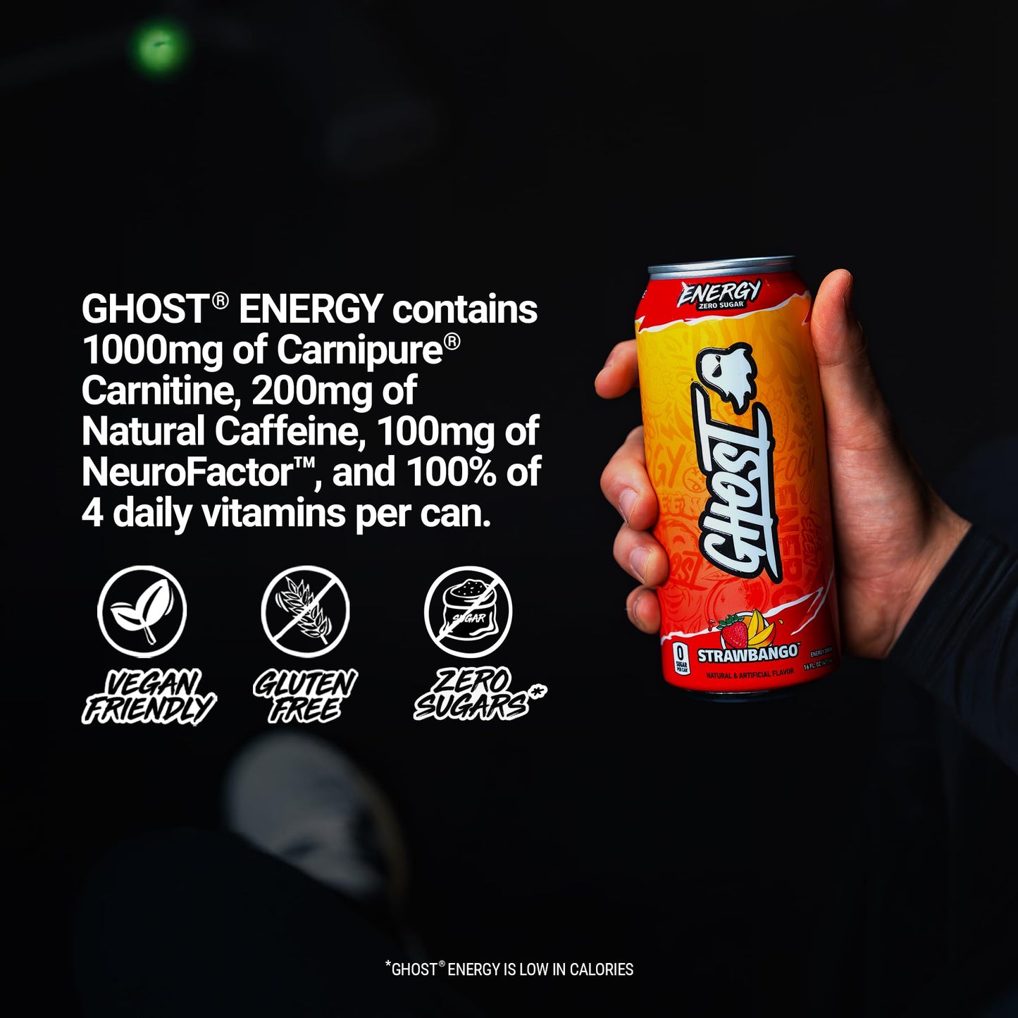 GHOST Energy Drink - 12-Pack Strawbango - 16oz - Gluten-Free, Vegan, 200mg Natural Caffeine, No Artificial Colors
