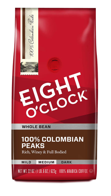 Eight O'Clock Coffee 100% Colombian Peaks, Medium Roast, Whole Bean Coffee, 22 Ounce (Pack Of 1), 100% Arabica, Kosher Certified