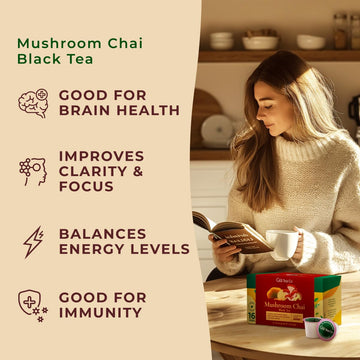 Gya Tea Co Caffeinated Mushroom Chai Black Tea Pod (16 Count) - Smooth, Flavourful, Robust, Enjoy Hot Or Iced