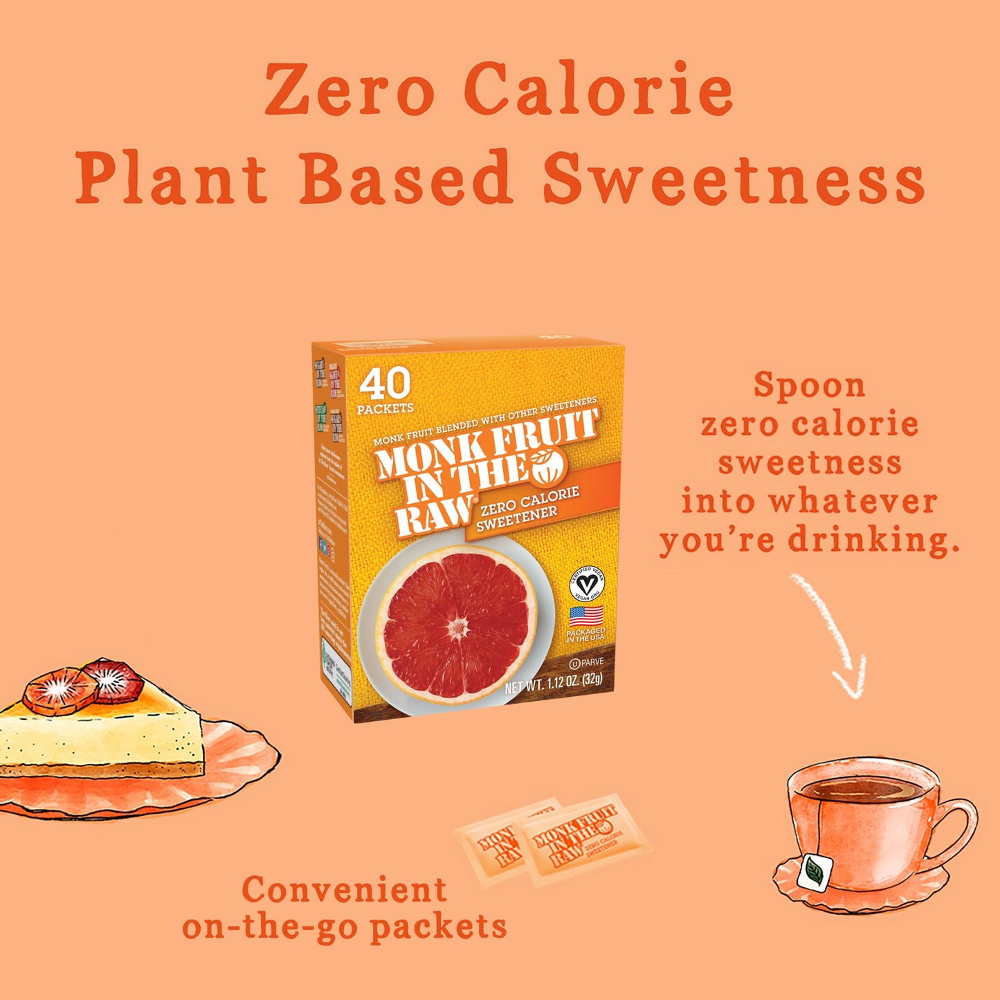 Monk Fruit In The Raw Zero-Calorie Sugar Substitute Packets - Natural Monk Fruit Sweetener Powder, No Erythritol, Plant-Based Ke