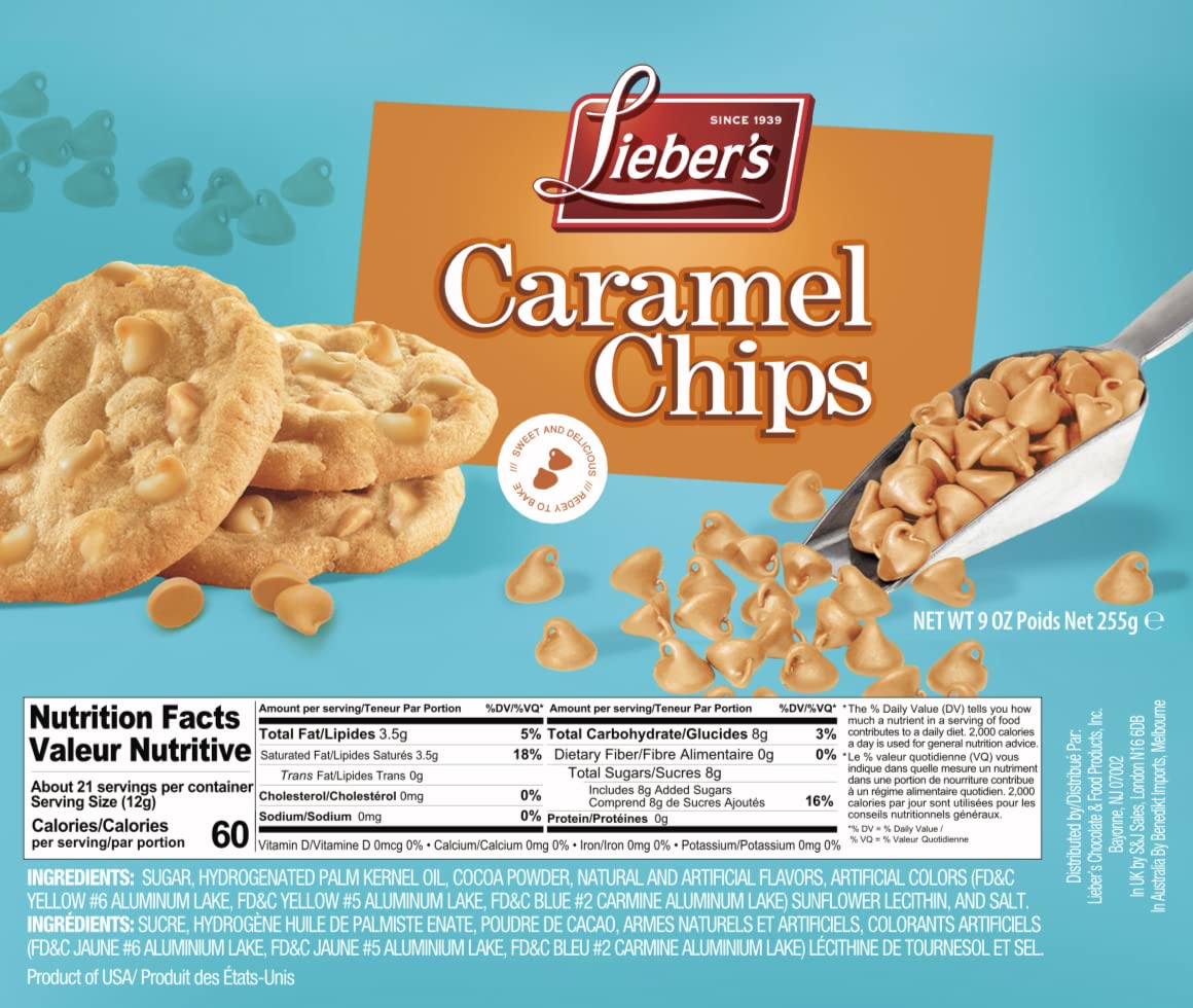 Liebers Real Caramel Chips, Baking Chips, Certified Kosher, 9 Oz Pack of 3
