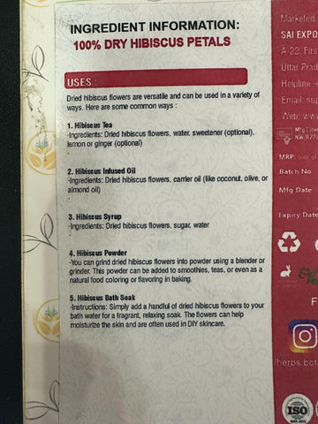 Herbs Botanica Hibiscus Flower Dried Organic For Tea, Hair Growth, Flor De Jamaica Organica Whole Full Flower Petals Cake Decora
