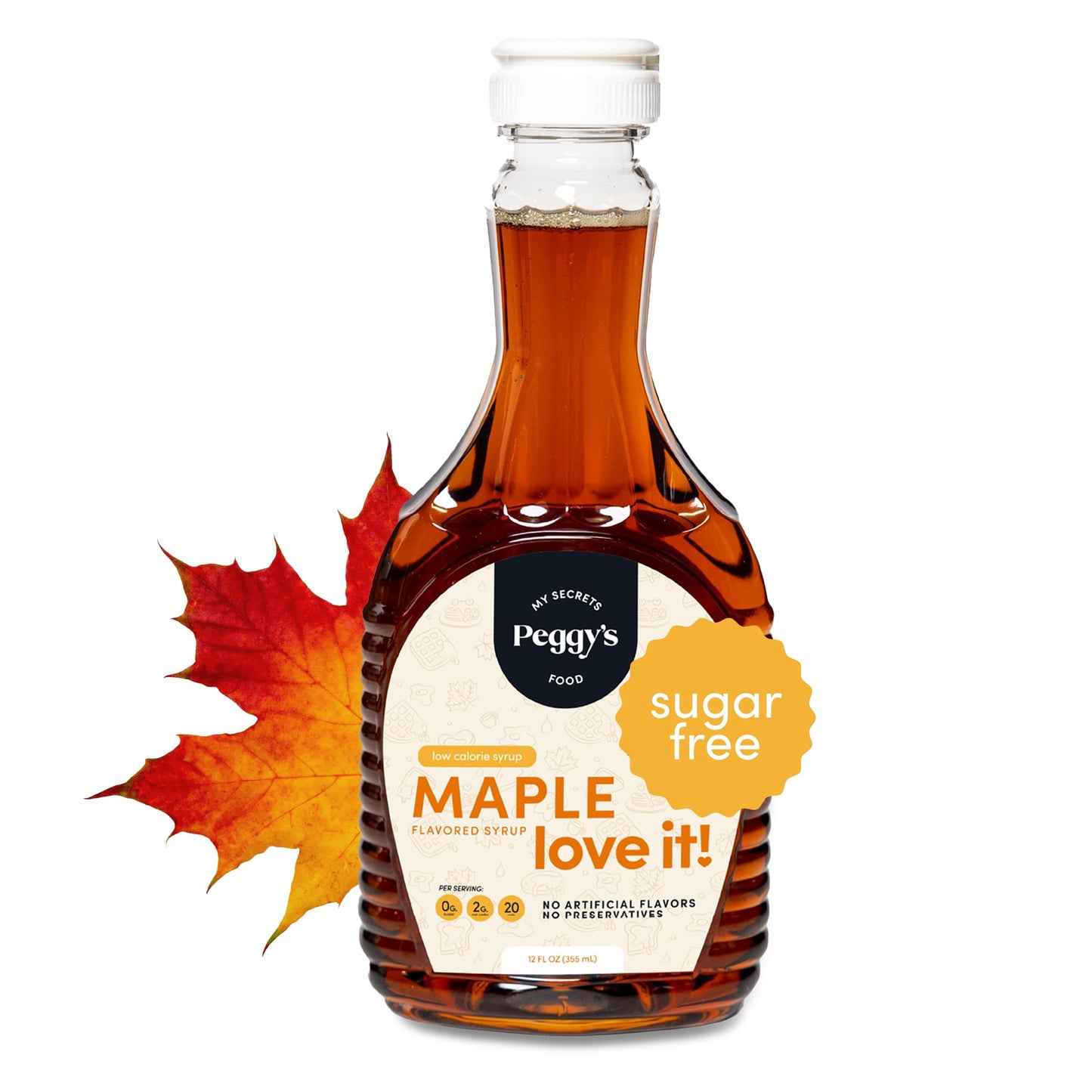 My Secrets Peggys Food Sugar-Free Maple Syrup Keto Maple Syrup For Pancakes & Waffles - Sweetened With Allulose Monk Fruit & Natural Sweeteners - Gluten-Free Vegan Low-Calorie (12 Oz)
