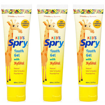 Spry Xylitol Baby Toothpaste, Natural Toddler Toothpaste, Fluoride Free Toothpaste For Kids, Xylitol Toothpaste For Kids Age 3 Months And Up, Tooth Gel Strawberry Banana 2 Fl Oz (Pack Of 3)