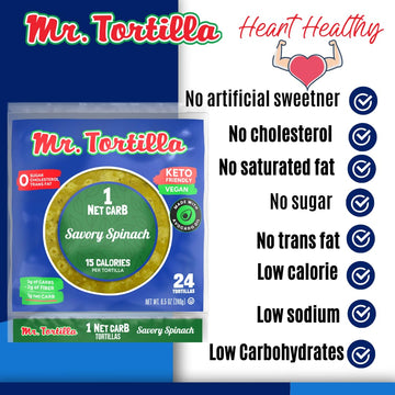 Mr. Tortilla 1 Net Carb Tortillas (24 Tortillas) | Keto, Vegan, Kosher | (Savory Spinach)