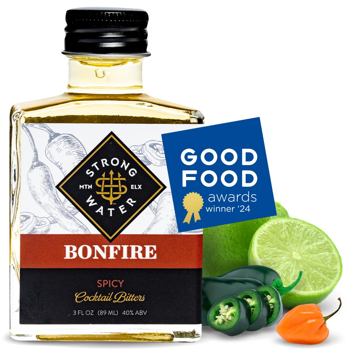 Strongwater Bonfire Bitters - Spicy Cocktail Bitters with Lime, Habanero, Jalapeno, Ghost & Hatch Peppers - 3 Fl Oz (Pack of 1)