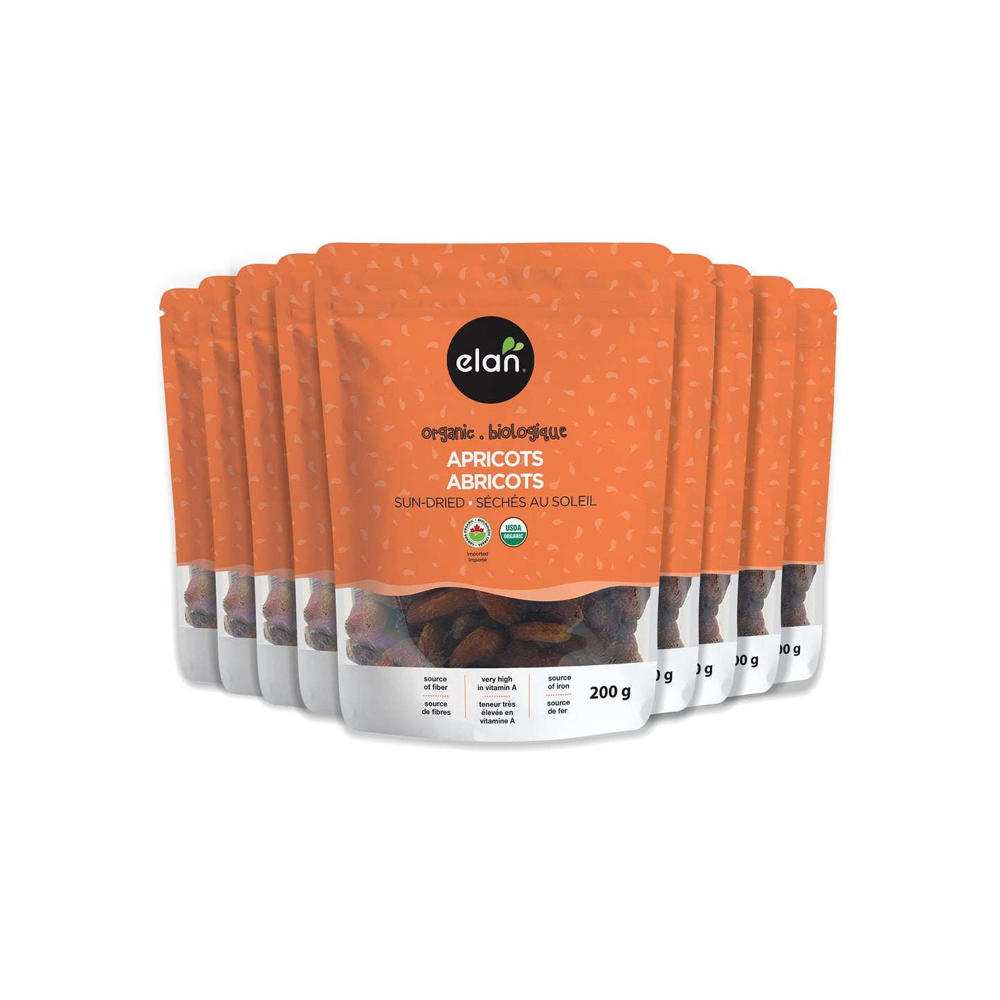 Elan Organic Sun-Dried Apricots, Dried Fruits, No Sulphites, No Sugar Added, Non-Gmo, Vegan, Gluten-Free, Kosher, Naturally Sweet Snacks, Turkish Apricots, 8 Pack Of 7 Oz