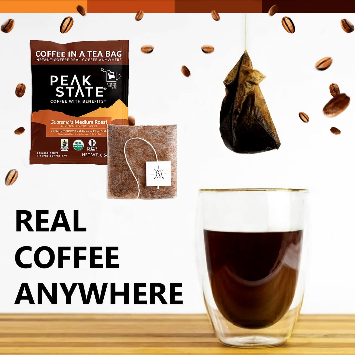 Peak State Mushroom Coffee - Medium Roast, Low Acid, Organic Whole Bean, 10 Single Serve Brew Bags, Dark Chocolate & Sweet G Flavor