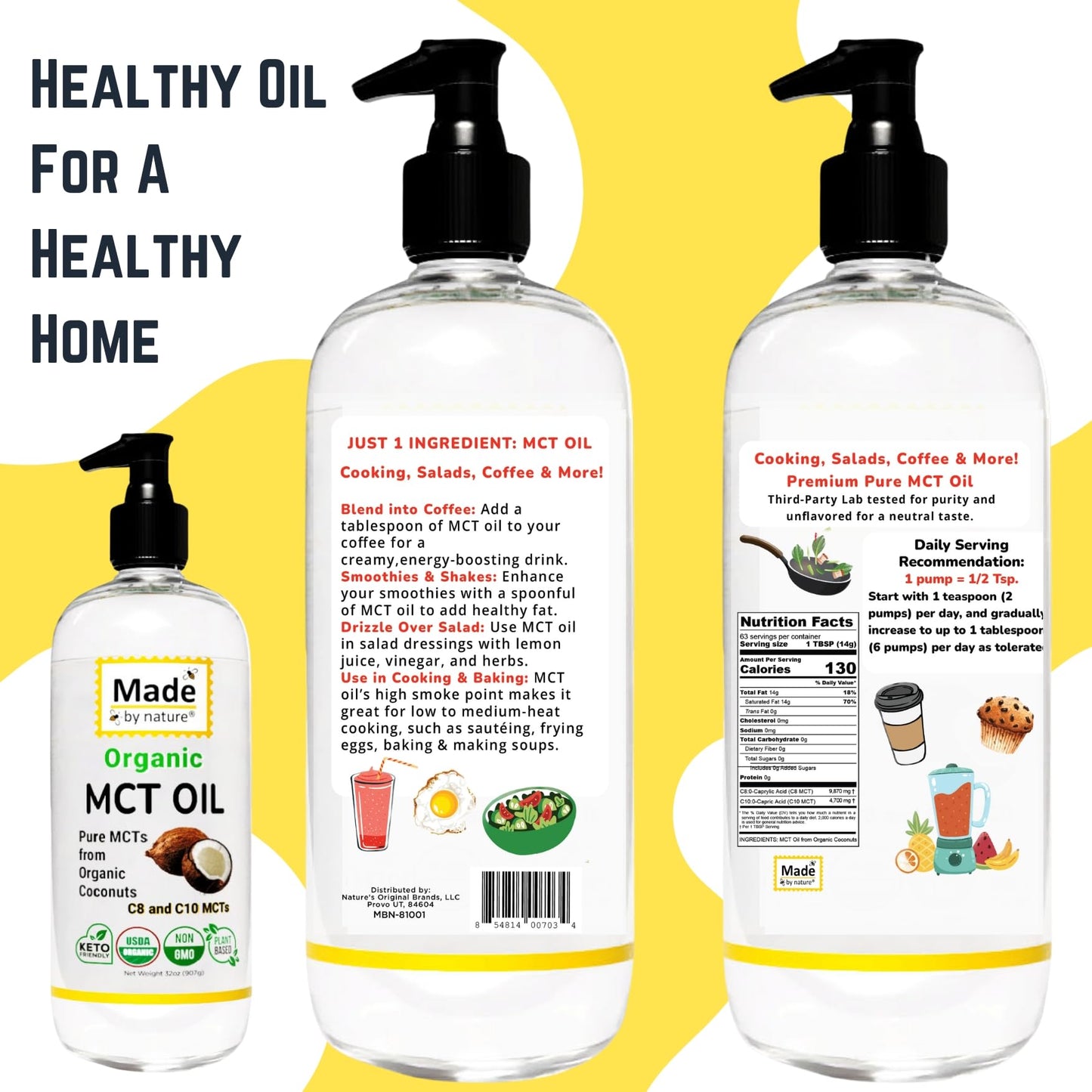 Made By Nature Organic Mct Oil, 32 Oz, Pure Mcts From Coconuts, C8 And C10 Mcts, Keto Diet Friendly, Use In Coffee, High Bioavai