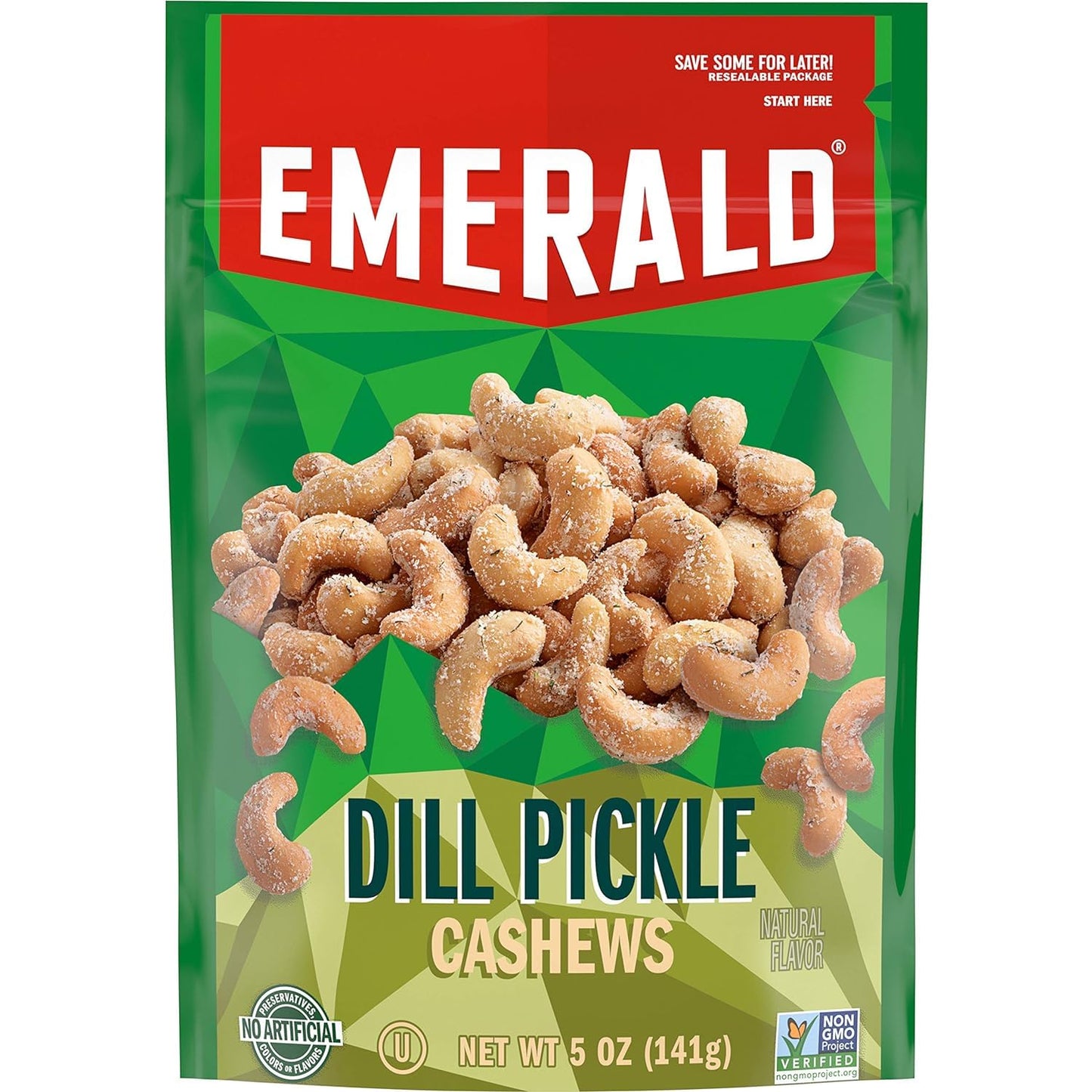 Emerald Nuts, Dill Pickle Seasoned Cashews, 5 Oz, Resealable Bag (Pack Of 4)