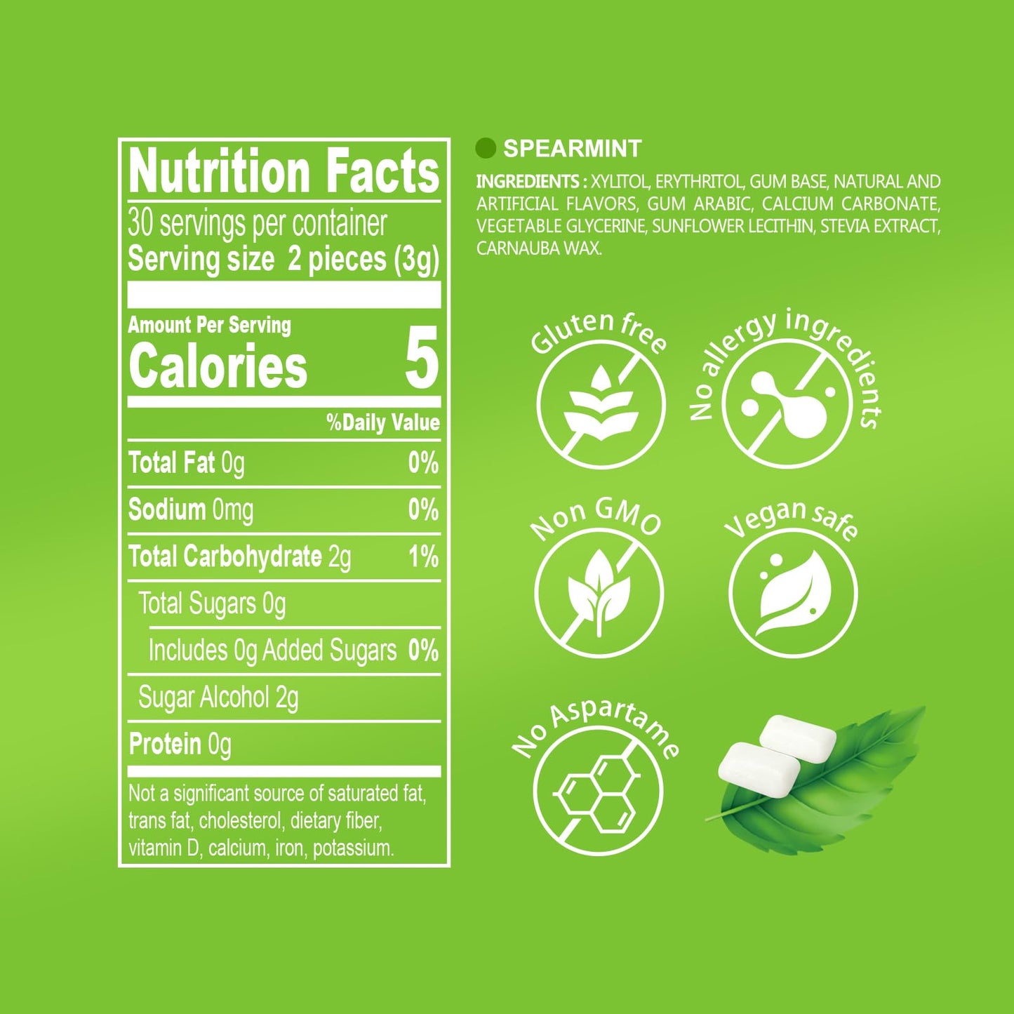 DC24 DAILY CARE Xylitol Chewing Gum, Sugar Free, Low-Calorie, Spearmint Flavor, 60 Count, Green