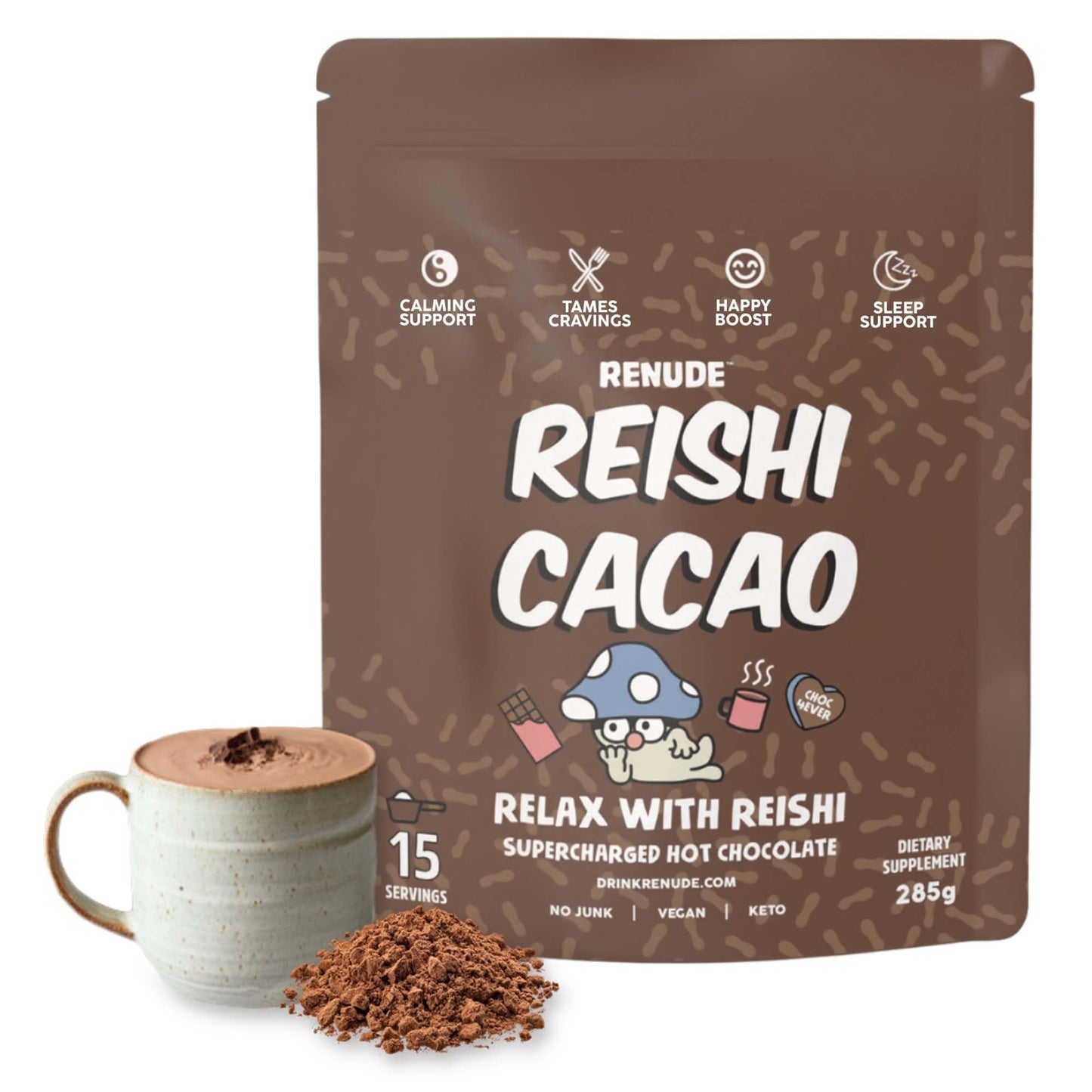 Renude Reishi Cacao Powder - Organic Mushroom Hot Chocolate Mix - 15 Servings