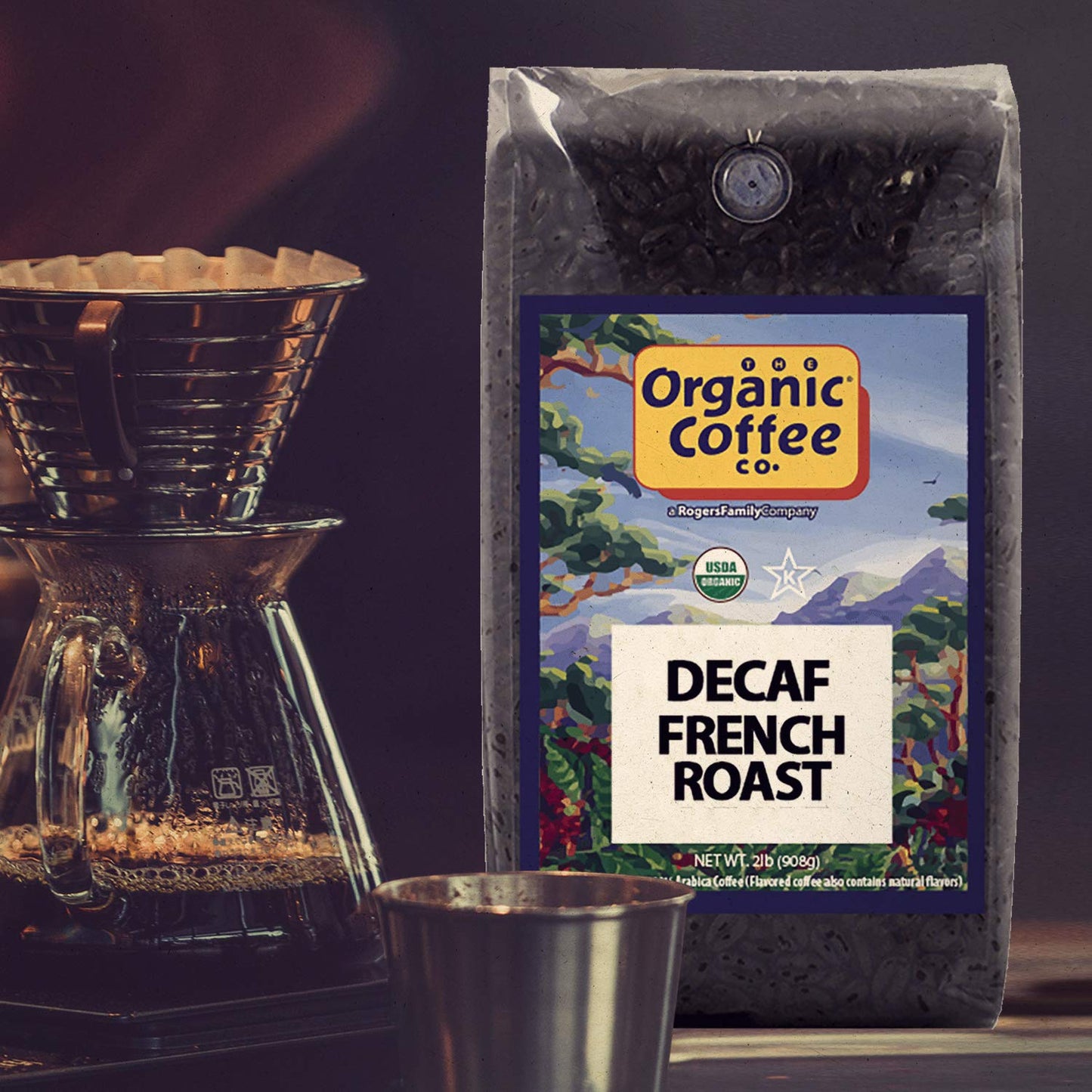 THE ORGANIC COFFEE CO. DECAF French Roast Whole Bean Coffee - Dark Roast, 2lb Bag, Swiss Water Processed, Coffee Flavor