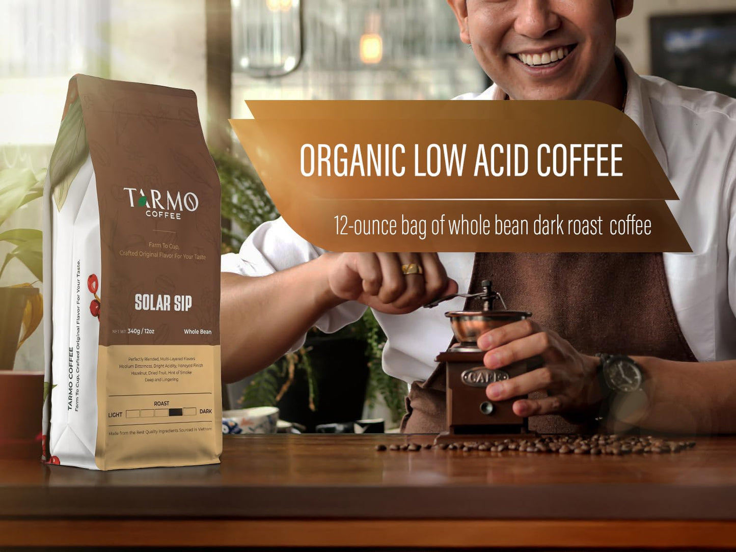 TARMO COFFEE Low Acid 100% Arabica Whole Bean Coffee, Specialty Dark Roast, 12 Oz Bag