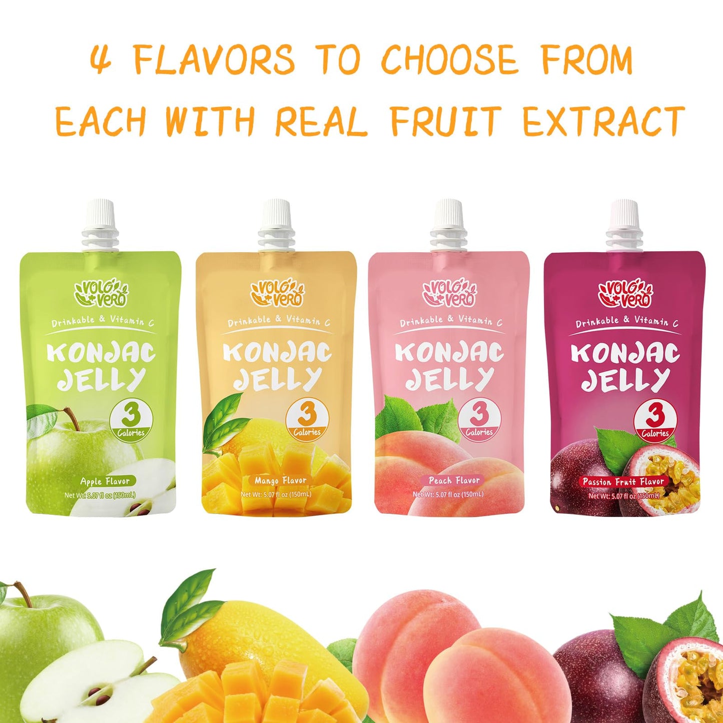 VOLO VERO Konjac Jelly Squeeze Pouch Mango Flavor, Low Calories (3 Kcal), 10 Packs, Gluten Free & Vegan, 0 Sugar, Keto, Low Carb