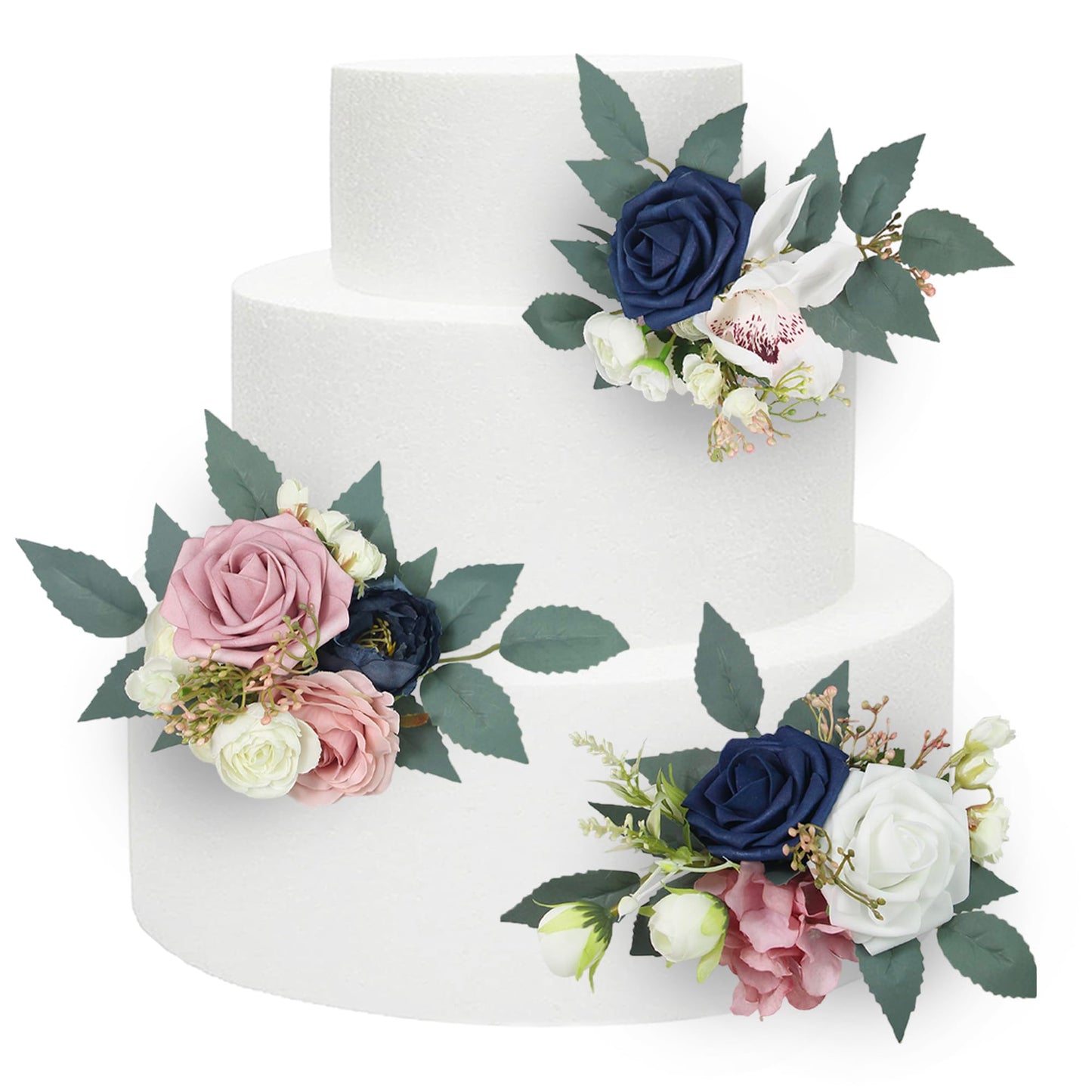 Rinlong 3Pcs Pre-Made Cake Flowers Navy Blue Pink Cake Decorations Wedding Cake Decorating Flowers Decor Birthday Baptism Party Artificial Flowers Cake Toppers