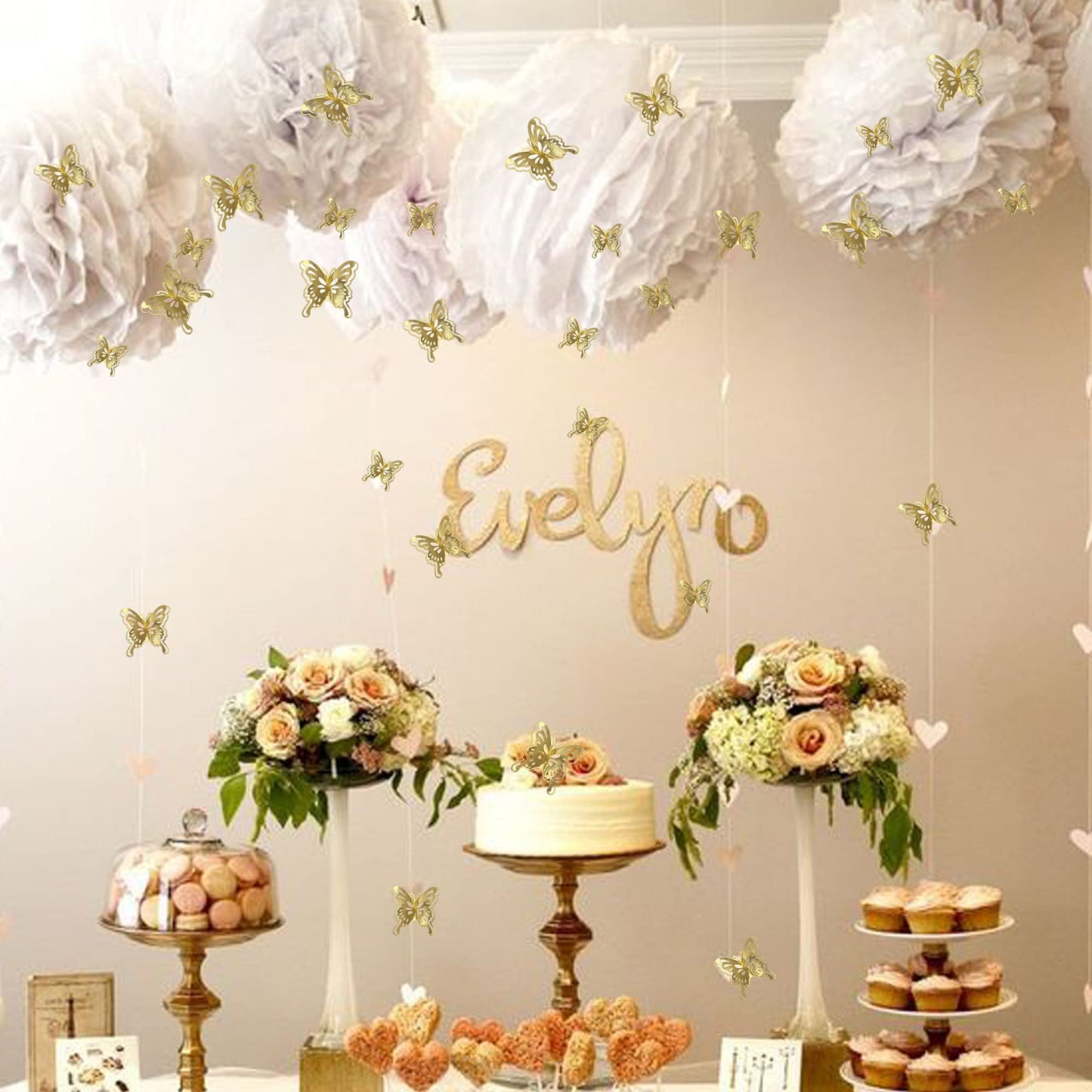 40 Pcs Gold Lively 3D Butterfly Cupcake Toppers Mixed Size Hollow Art Butterfly Cupcake Topper Baby Shower Wedding Anniversary B