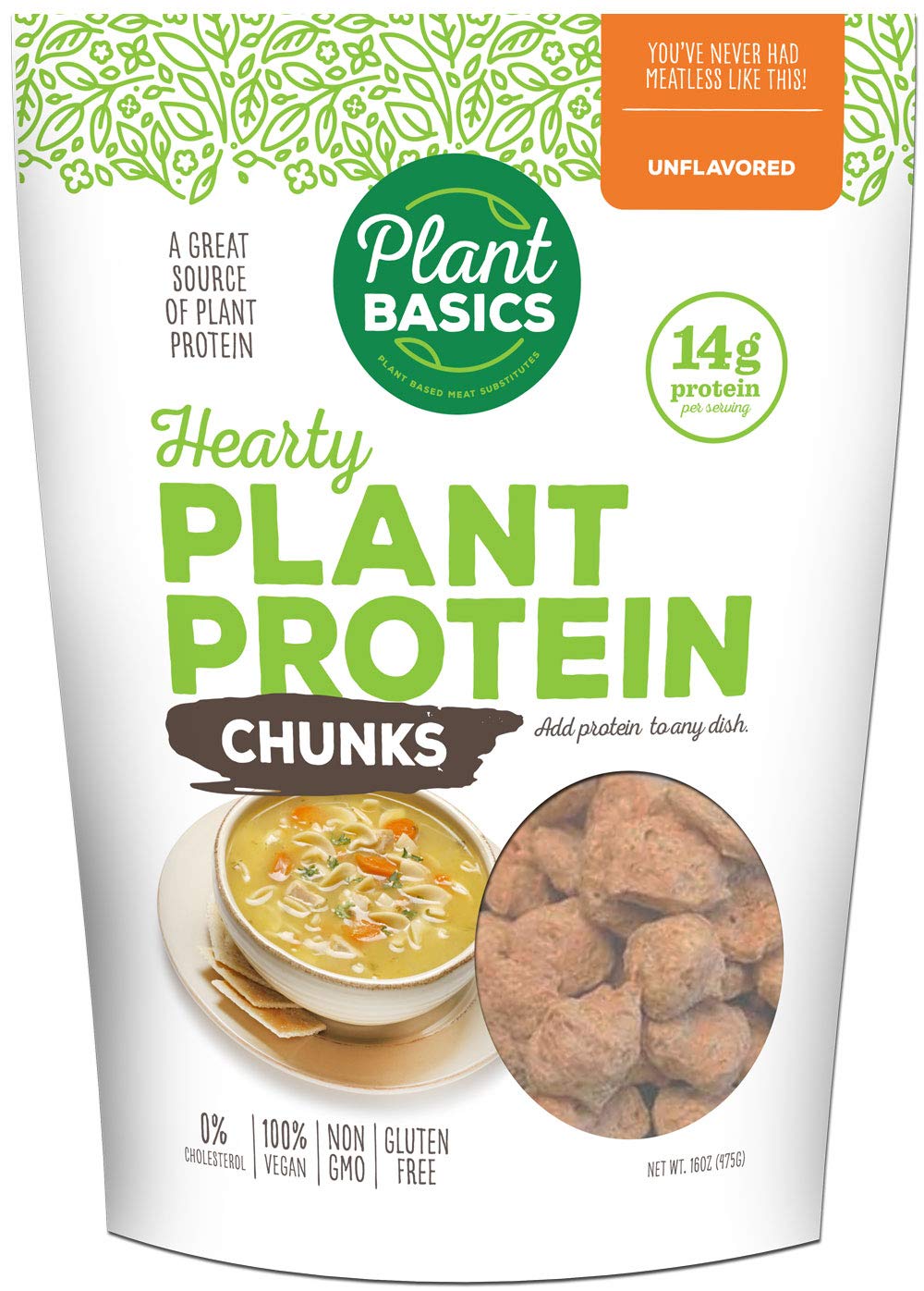 Plant Basics - Hearty Plant Protein - Unflavored Chunks, 1 Lb, Non-Gmo, Gluten Free, Low Fat, Low Sodium, Vegan, Meat Substitute