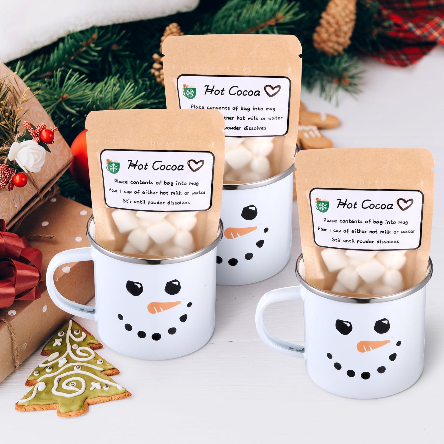 Vesici 6 Set Christmas Hot Cocoa Gift Sets with Mug Includes Snowman Enamel Cup Mini Kraft Paper Pouches and Labels Stickers for