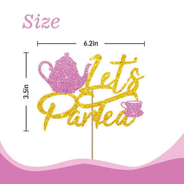 Let'S Partea Cake Topper, Tea Time Themed Party Decorations, Girl'S Tea Party Supplies - Pink & Gold Glitter