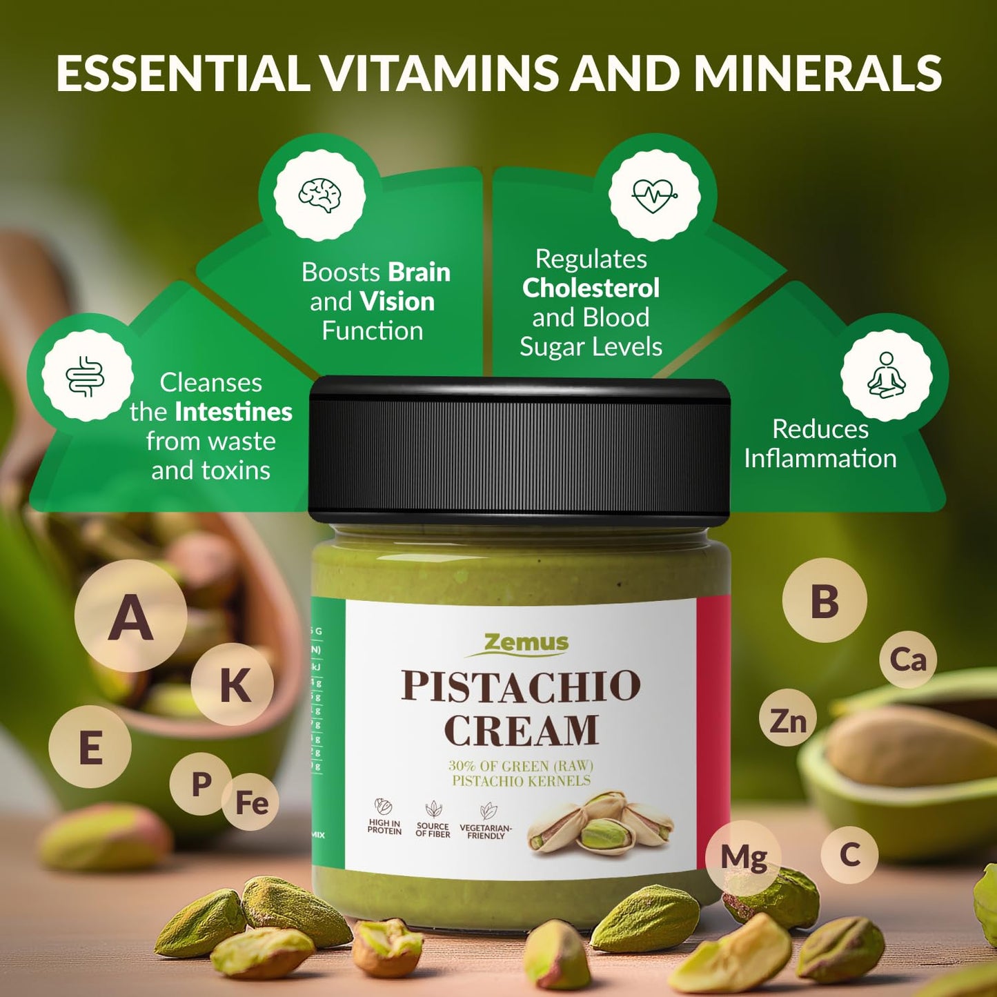 ZEMUS Premium Pistachio Cream Spread - Gluten-Free, Cream Cheese Compatible, 7.05 oz