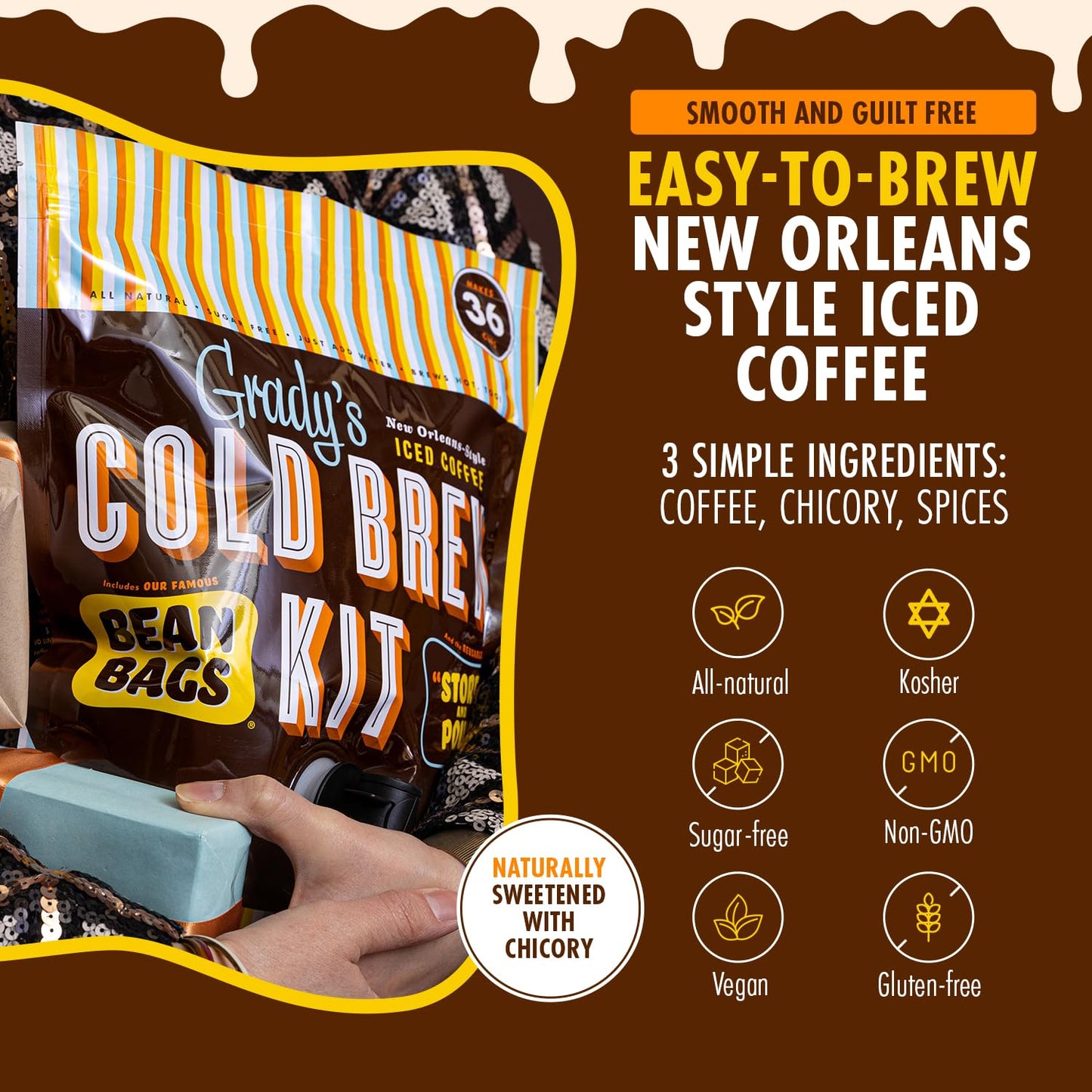 Gradys Cold Brew New Orleans Style Coffee & Chicory Pouches, All-in-One Kit, 24 Ounce, Makes 36 Drinks, Original