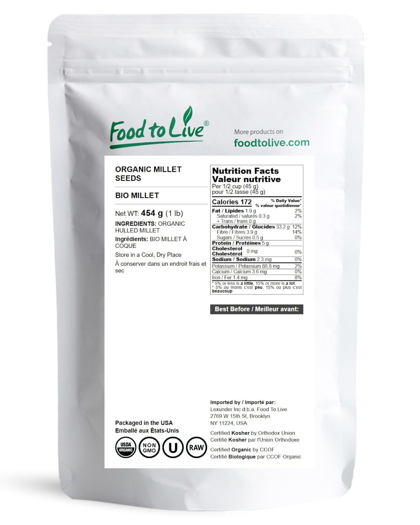 Food to Live Organic Hulled Millet, 1 Pound - Whole Grain Seeds, Non-GMO, Kosher, Raw, Bulk, Product of the USA