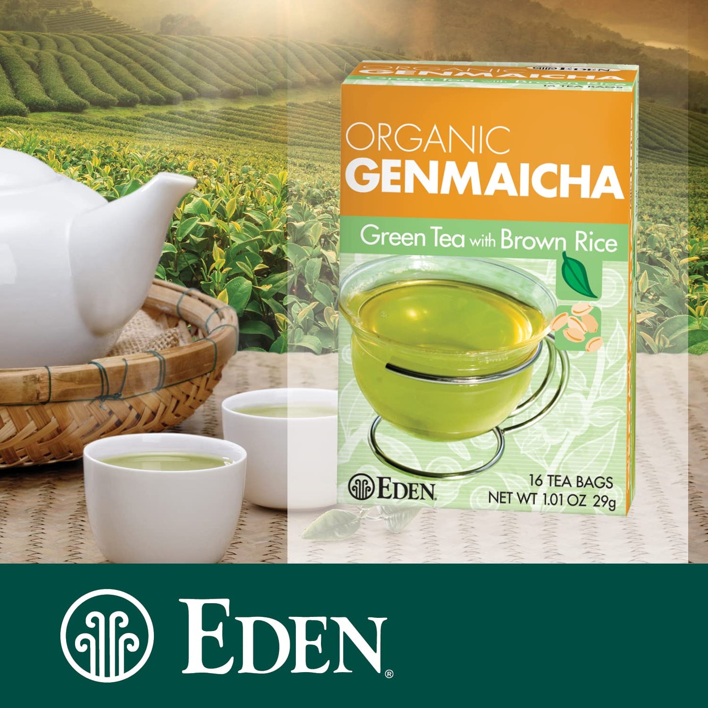 Eden Genmaicha Organic Green Tea, Sencha Green Tea With Roasted Organic Brown Rice, Japanese, 16 Unbleached Manila Tea Bags/Box (3-Pack)