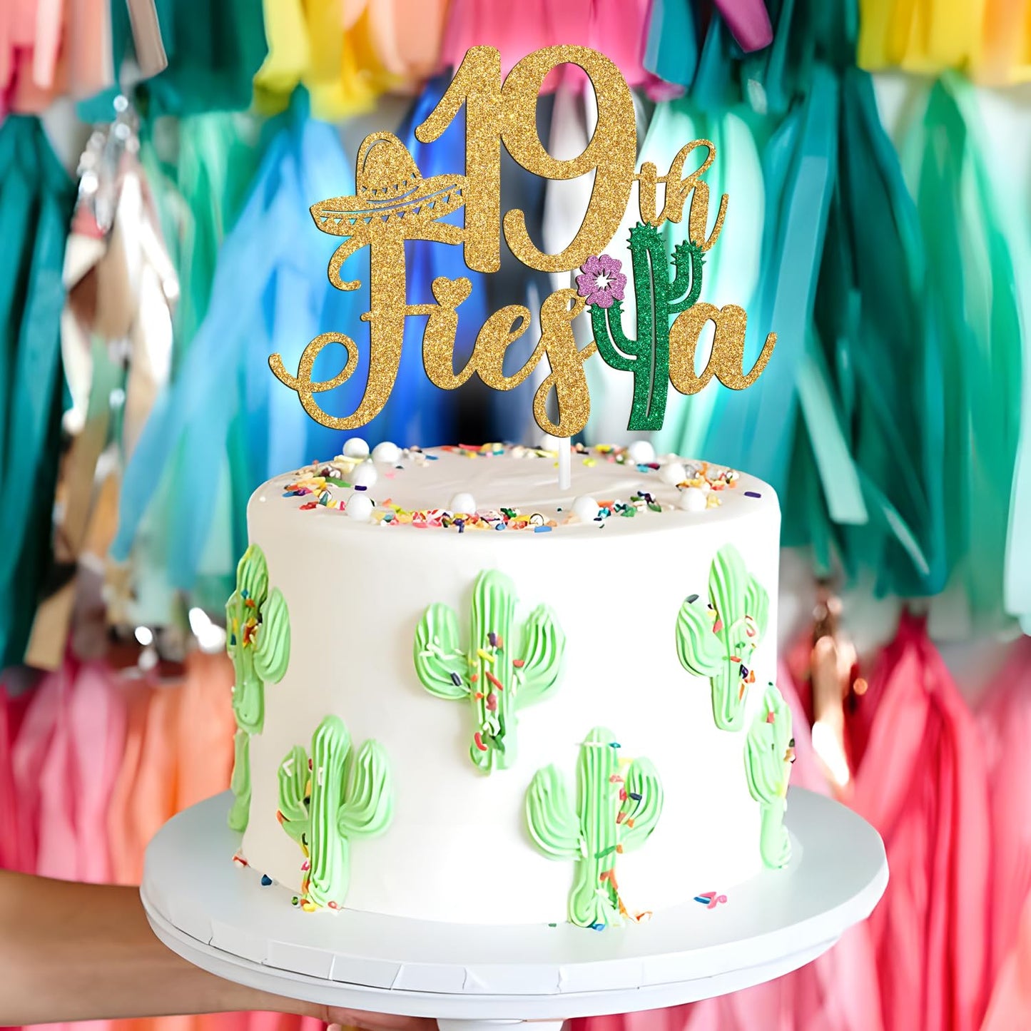 Tivurcia Cake Topper, Fiesta 19th Birthday Decoration, Gold Color, Tropical Theme