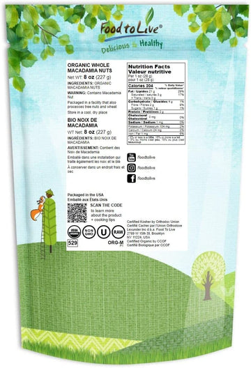Food To Live Organic Whole Macadamia Nuts, 8 Ounces - Non-Gmo, Raw, Shelled, Unsalted, Kosher, Vegan, Bulk. Keto Snack. Buttery