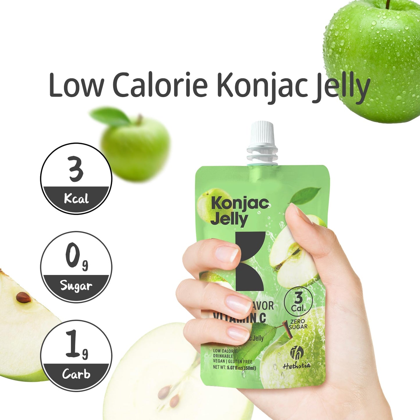 Hethstia Konjac Jelly Apple Flavor - 10 Packs Drinkable Fruit Jelly Squeeze Pouches, 3 Kcal, 0 Sugar, Keto, Vegan, Gluten-Free,