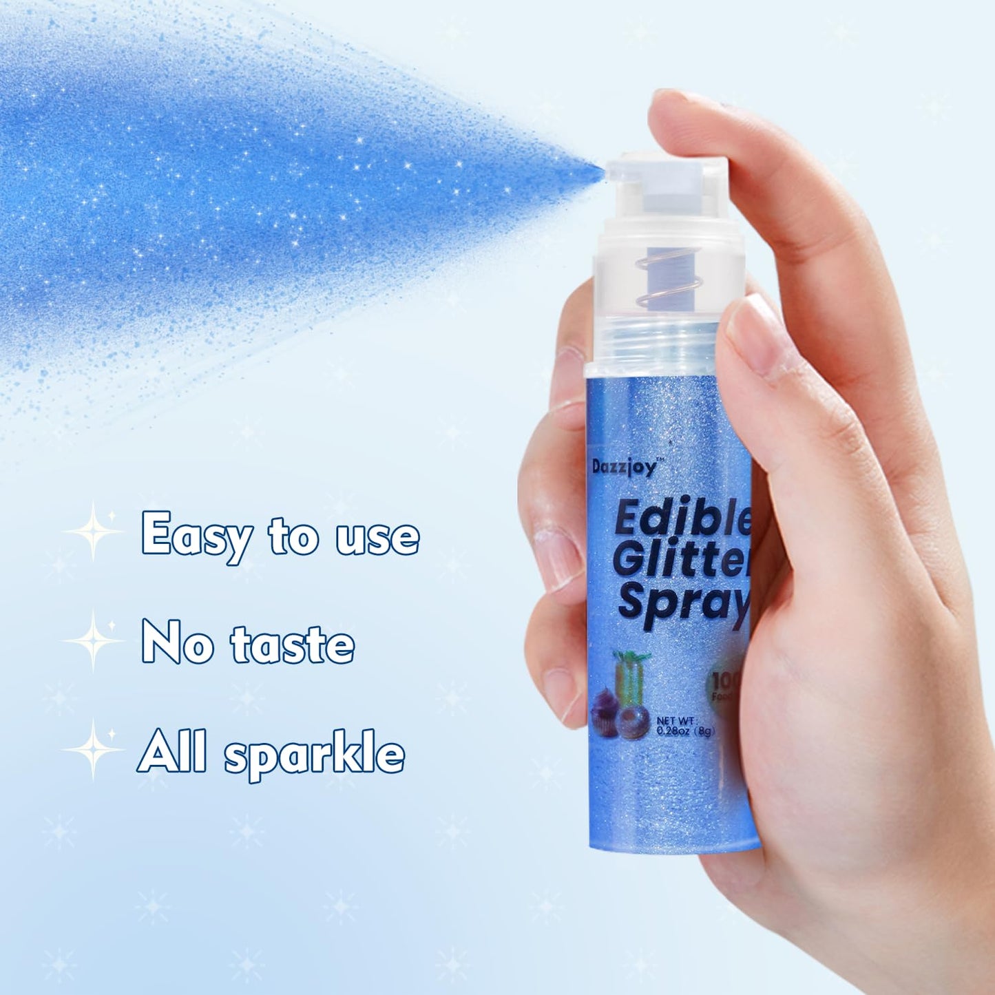 Dazzjoy Edible Glitter Spray, 100% Food Grade, Kosher & Halal, Blue, 8g - Perfect for Drinks, Cocktails, Cupcakes, Desserts