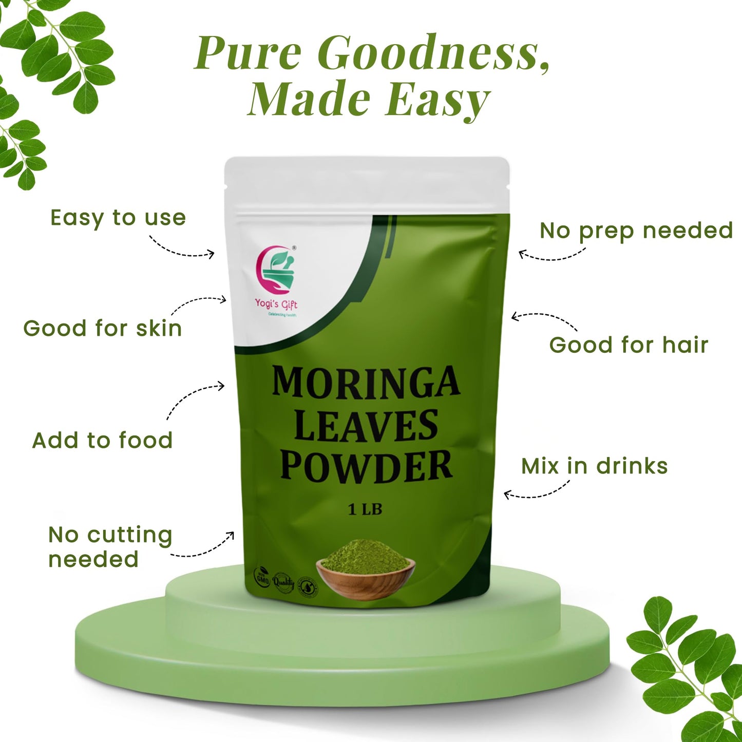 Moringa Powder 1 Lb, 100% Pure & Natural Moringa Leaf Powder, Enhanced Quality For Smoothies & Tea, Resealable Bag For Freshness - By Yogi’S Gift®