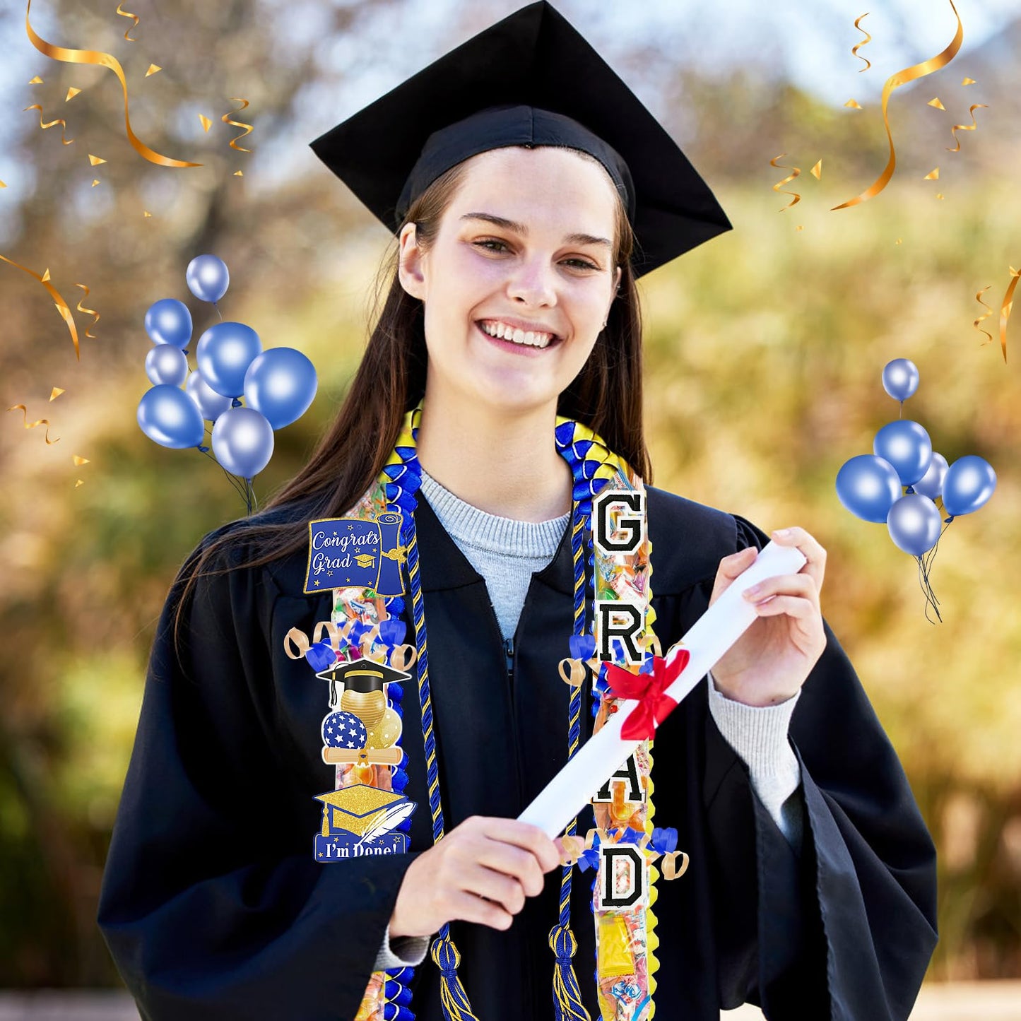 TKNOUS Graduation Ribbon Leis Kit, 10 Pcs Blue & Gold Candy Necklace with Honor Cord, Class of 2025, Lei-G Model