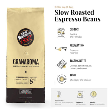 Caffe Vergnano 1882 Gran Aroma Whole Bean Arabica Medium Espresso Roast Coffee, 2.2Lbs Bag - Italian Coffee Beans With Rich Note