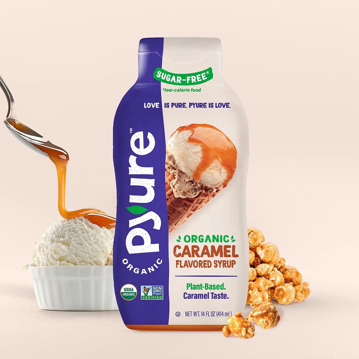 Pyure Organic Caramel Flavored Syrup, Zero Sugar, 1 Net Carb, Gluten-Free, Plant-Based For Vegan Keto Friendly Food, 14 Oz