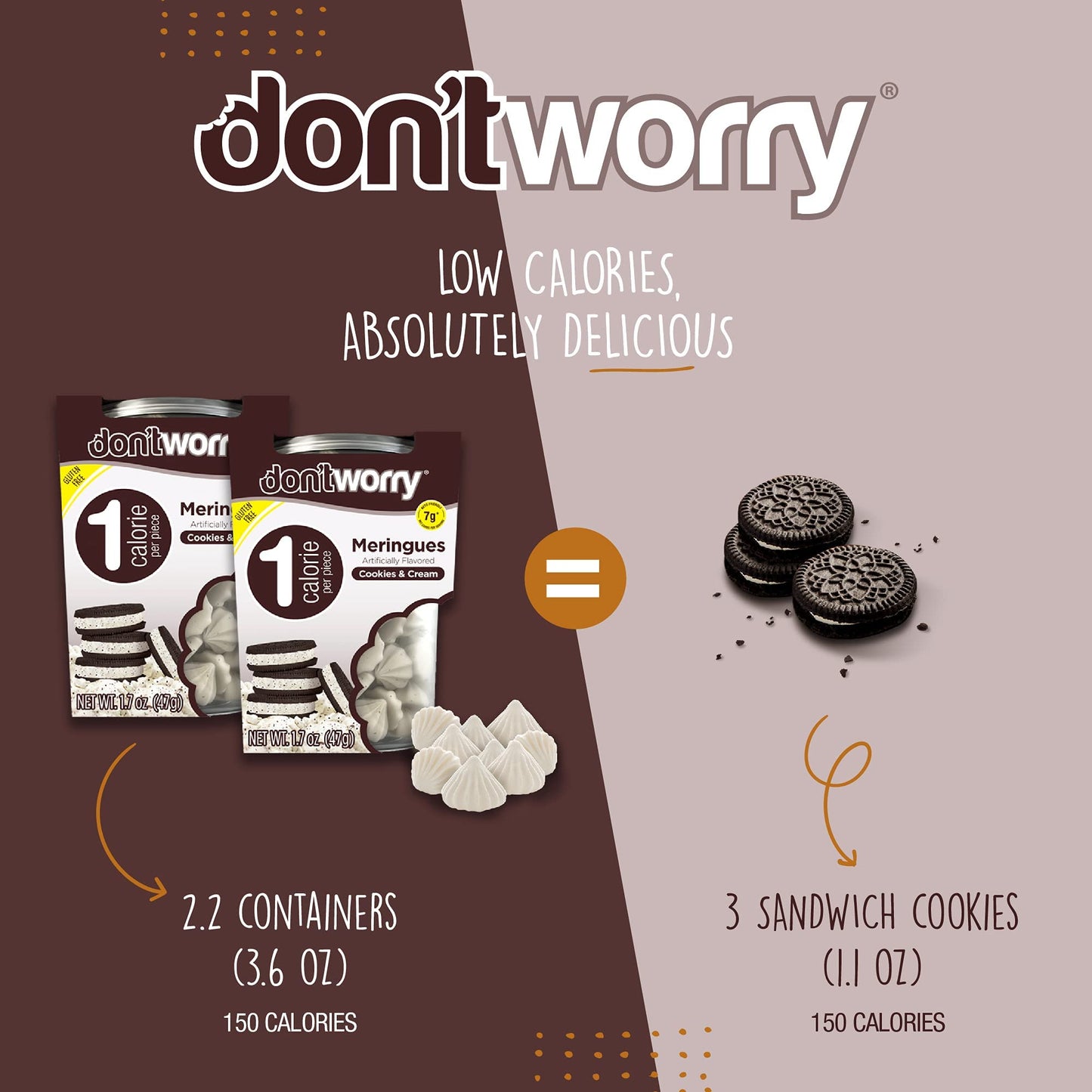 Don'Tworry Keto Friendly Merengue Cookies | Only 1 Calorie Per Piece! | 2 Pack - Cookies And Cream | Healthy Candy, Gluten Free