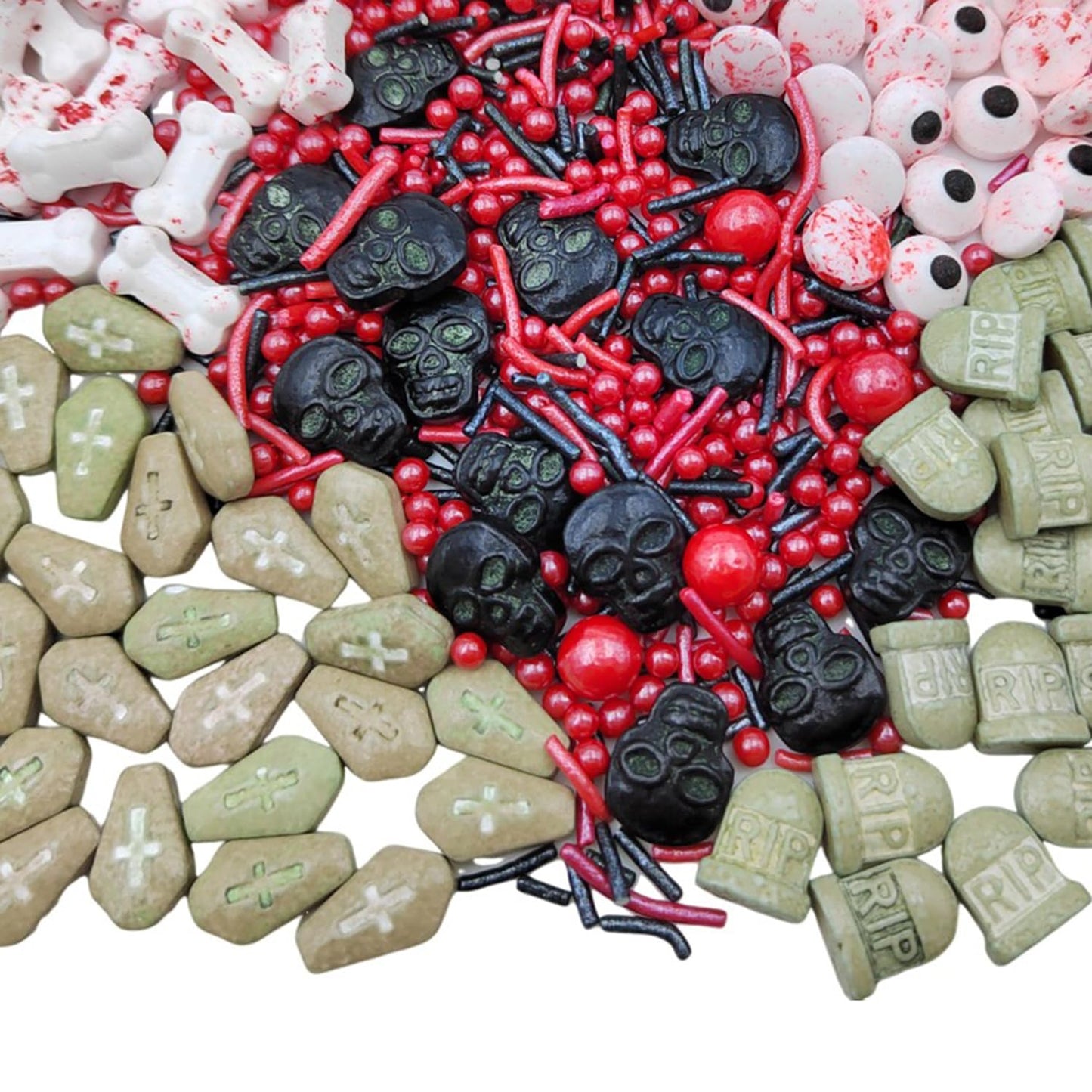Homankit Halloween Sprinkles for Cake Decorating Edible Eyes Red Black Sprinkles Dog Bones Tombstone Skull Sprinkle Mix Cake Cup