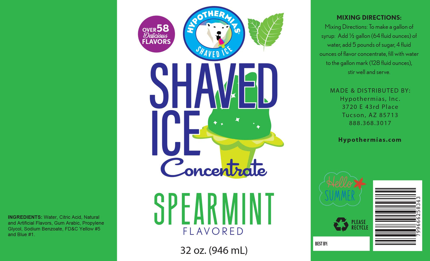 Hypothermias Spearmint Shaved Ice Syrup Concentrate - 32 Fl Oz - Makes 8 Gallons - Unsweetened, Add Sweetener and Water
